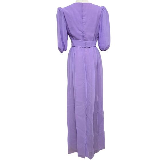 Dessy Creations Vintage 70s Purple Sheer Chiffon Pleated Puff Sleeve Gown 10 - Picture 7 of 12